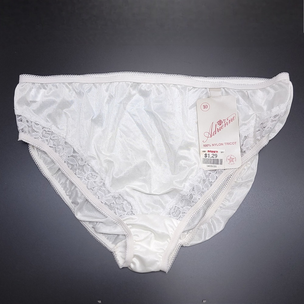 Vintage Adrienne White Nylon Tricot Lace Brief Panties Size 10 ILGWU Made in USA